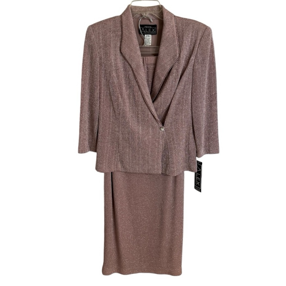 PETITE ALEX EVENINGS 2 Piece Pink Sparkly Set Skirt Blazer Jacket‎ Size 8P 6P